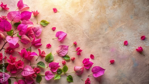 Candy Pink Bougainvillea Flat Lay: Soft Linen Texture, Dawn Glow Panoramic