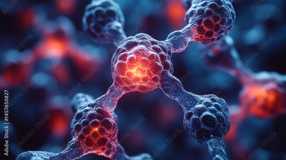 Close-up macro of a nanotechnology molecular fiber reveals intricate structure and interconnections, symbolizing innovation in advanced science, material engineering, biotechnology, and medicine.