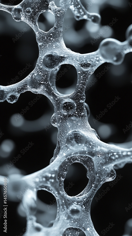 Close-up macro of a nanotechnology molecular fiber reveals intricate structure and interconnections, symbolizing innovation in advanced science, material engineering, biotechnology, and medicine.
