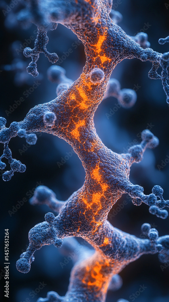Close-up macro of a nanotechnology molecular fiber reveals intricate structure and interconnections, symbolizing innovation in advanced science, material engineering, biotechnology, and medicine.