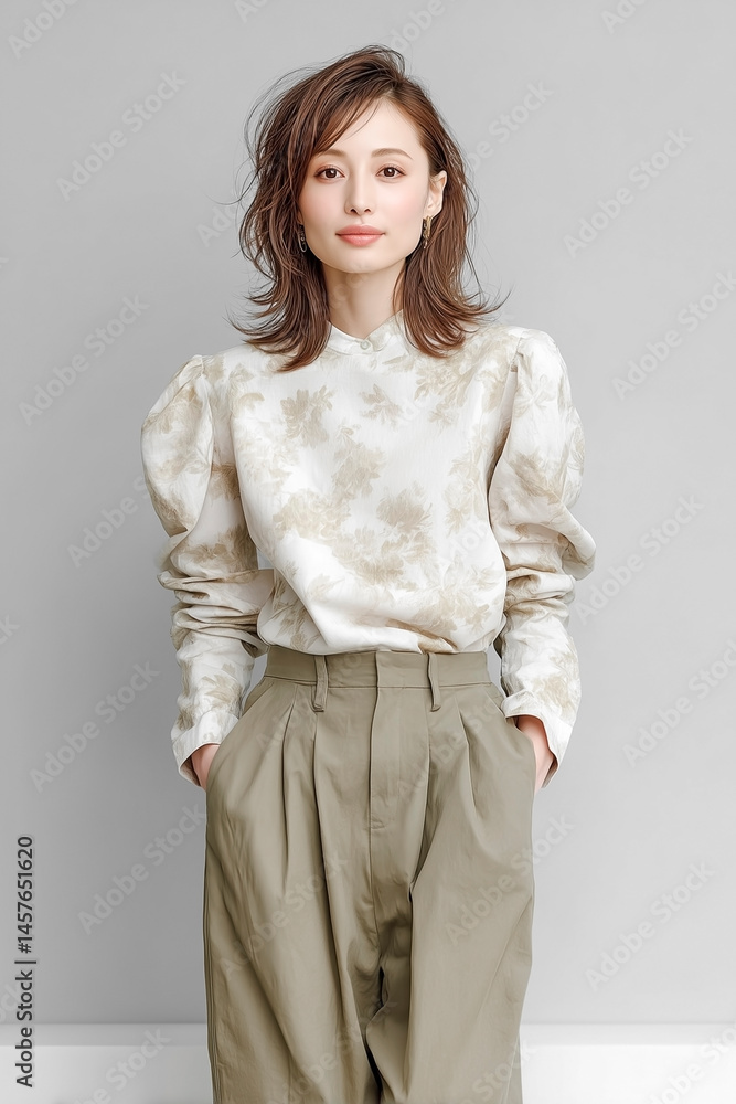 シンプルで上品なファッションスタイルの若い女性モデル シンプルで上品なファッションスタイルの若い女性モデル