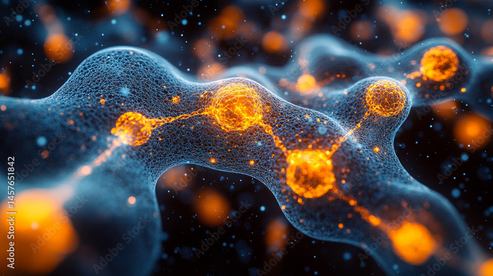 Close-up macro of a nanotechnology molecular fiber reveals intricate structure and interconnections, symbolizing innovation in advanced science, material engineering, biotechnology, and medicine.