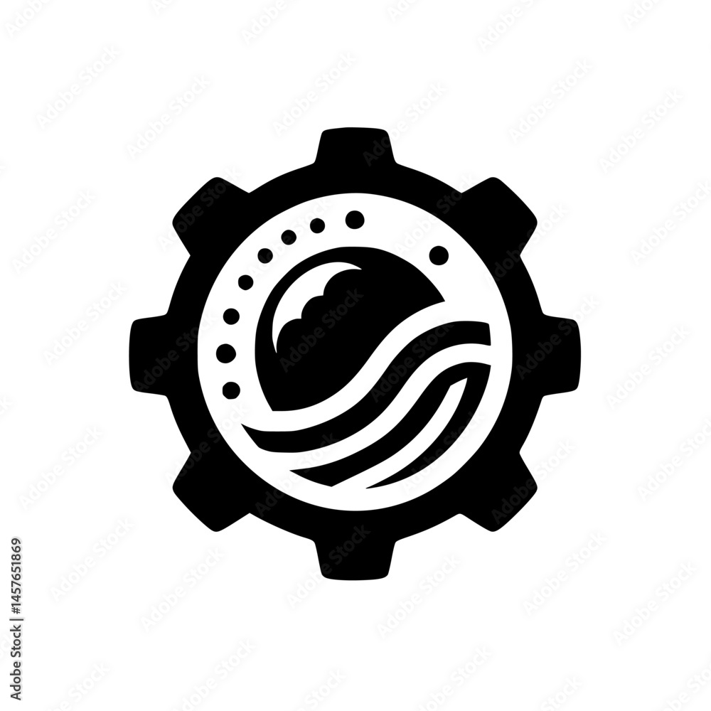 Fototapeta premium Abstract Gear Logo: Waves & Dots, Monochrome Design