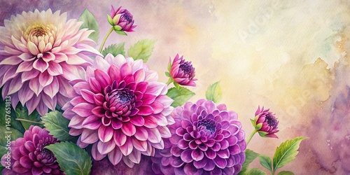 Fototapeta Naklejka Na Ścianę i Meble -  Charming Dahlia Watercolor Bouquet - Plum Purple & Pale Pink Floral Corner Arrangement