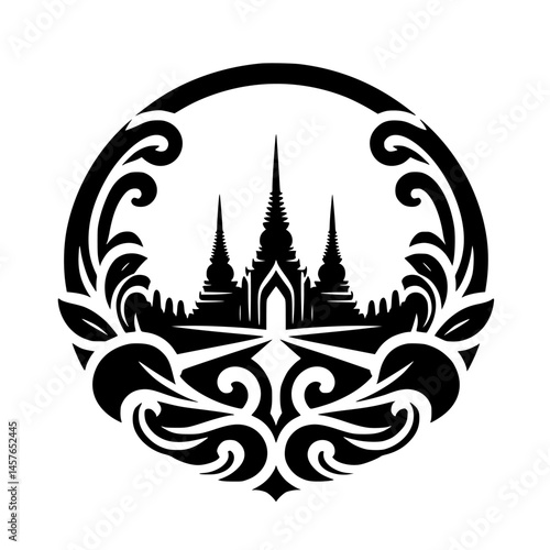Quadro su tela Elegant Thai Temple Logo with Decorative Frame - Vector Illustration