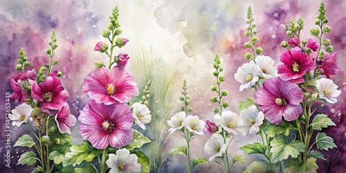 Fototapeta Naklejka Na Ścianę i Meble -  Charming Watercolor Hollyhocks: Orchid Purple & White Floral Vignette