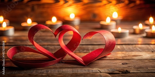 A pair of red paper hearts entwined together on a wooden table
