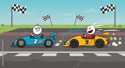 Racing Stick Figures Cartoon in Go-karts on Track