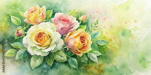 Charming Watercolor Roses: Soft Bouquet, Lemon & Green Hues, High-Resolution Stock Photo