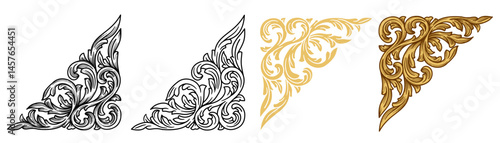 Set of decorative corner ornaments baroque in gold and black, isolated vector illustration
