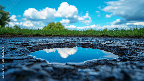Obraz na płótnie A small puddle on the ground reflects a vivid blue sky above, symbolizing optimism, clarity, and the promise of a brighter future despite humble or overlooked beginnings.
w salonie
