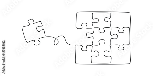 Puzzle in one continuous line drawing. Jigsaw with many pieces is teamwork concept in simple linear style. Business and team symbol in in Editable stroke. Doodle vector illustration