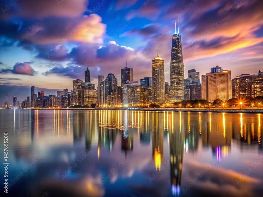 Fototapeta premium Chicago Skyline Lake Michigan Long Exposure Night Photography