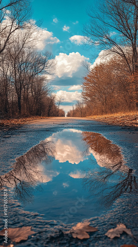 Obraz na płótnie A small puddle on the ground reflects a vivid blue sky above, symbolizing optimism, clarity, and the promise of a brighter future despite humble or overlooked beginnings.
w salonie