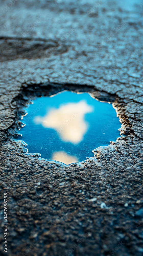 A small puddle on the ground reflects a vivid blue sky above, symbolizing optimism, clarity, and the promise of a brighter future despite humble or overlooked beginnings.