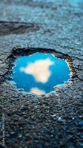 Obraz na płótnie A small puddle on the ground reflects a vivid blue sky above, symbolizing optimism, clarity, and the promise of a brighter future despite humble or overlooked beginnings.
w salonie