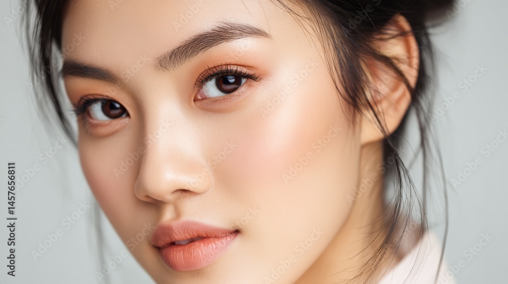 Fototapeta premium Elegant woman in a white shirt and pink lipstick, captivating closeup beauty portrait
