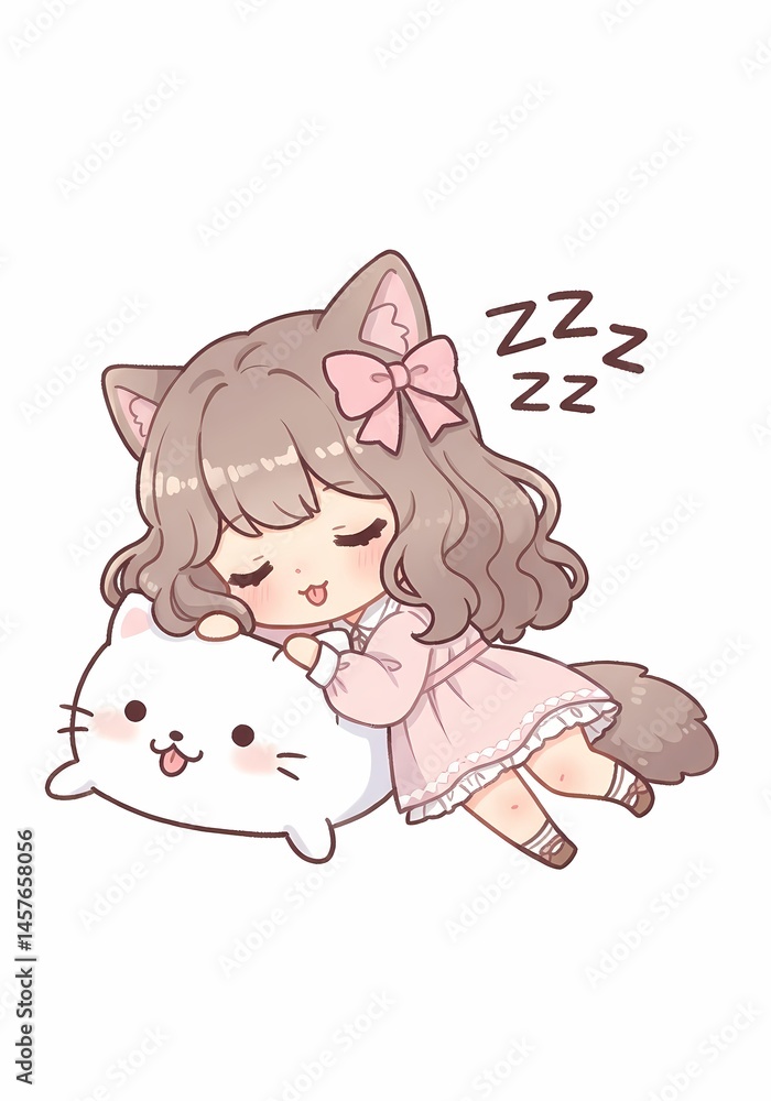 Fototapeta premium Chibi girl with cat ears napping peacefully on a cat-shaped pillow, evoking a sense of cuteness, tranquility, and the sweet innocence of childhood dreams