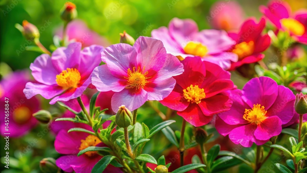 Vibrant Rockrose flower cluster in a warm summer garden, Botany, Summer Vibrant Rockrose flower cluster in a warm summer garden, Botany, Summer
