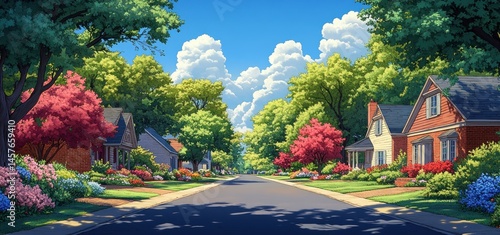 Idyllic Suburban Street: A Vibrant Spring Day