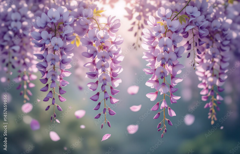 Lush purple wisteria blossoms cascade, backlit by sunlight, petals falling like gentle rain. A dreamy, springtime scene. Lush purple wisteria blossoms cascade, backlit by sunlight, petals falling like gentle rain. A dreamy, springtime scene.