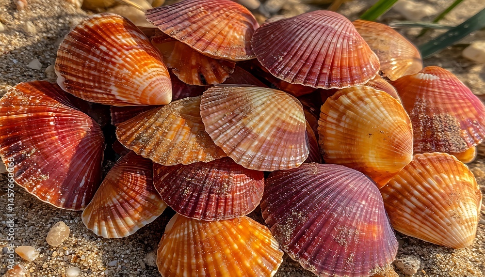 Radiant seashells grouped together in striking hues, resting on grainy sand Radiant seashells grouped together in striking hues, resting on grainy sand