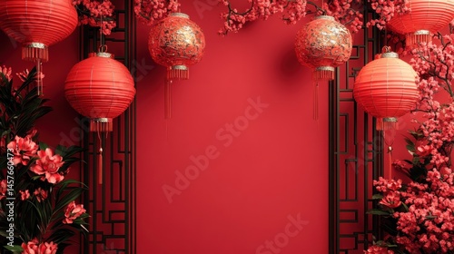 Red Chinese New Year backdrop with lanterns and floral decor