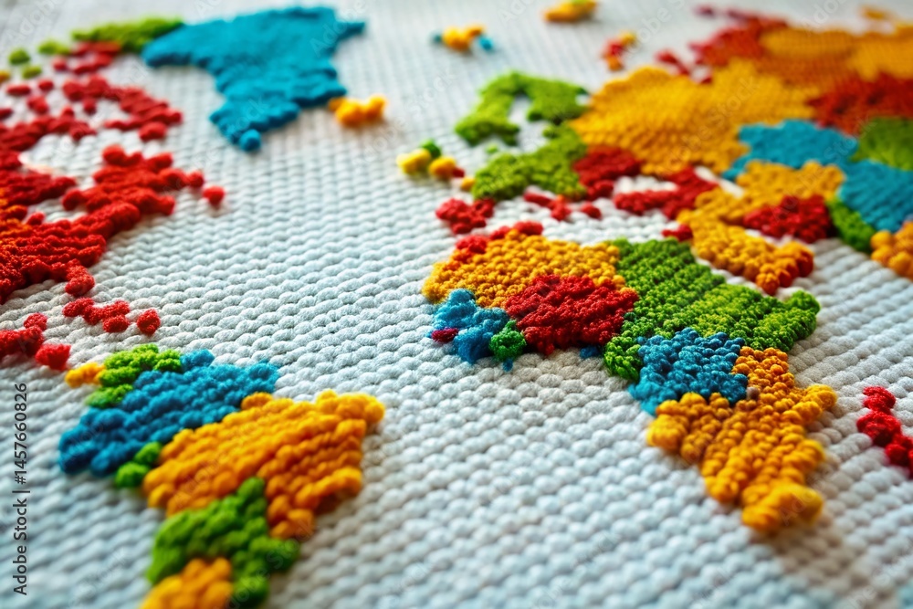 Fototapeta premium Colorful Knitted World Map, Detailed Geography, Global Travel, Handmade Craft