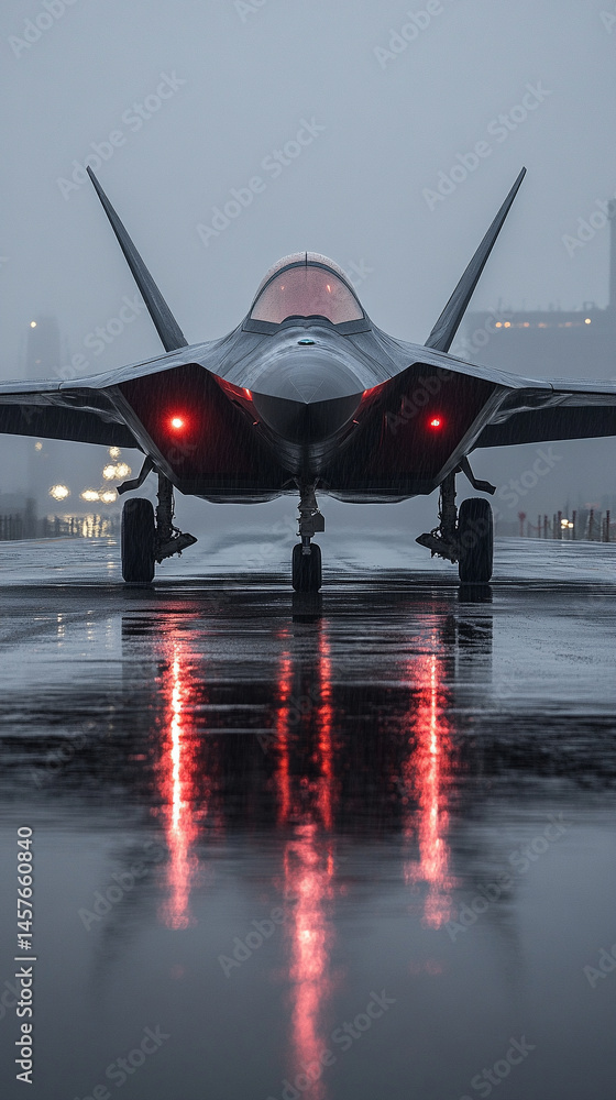 A sleek jet fighter rests on a rain-slicked runway at dusk, symbolizing cutting edge military power, national defense, and constant readiness amid shifting geopolitical tensions.