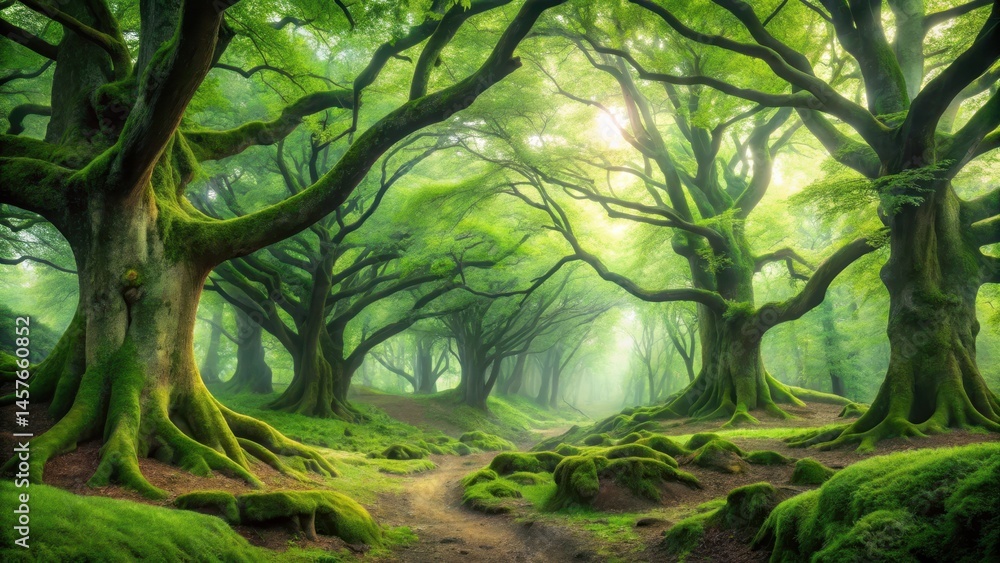 Naklejka premium Dense foliage and twisted tree trunks create a mystical atmosphere in this serene green woods panorama, landscape, verdant