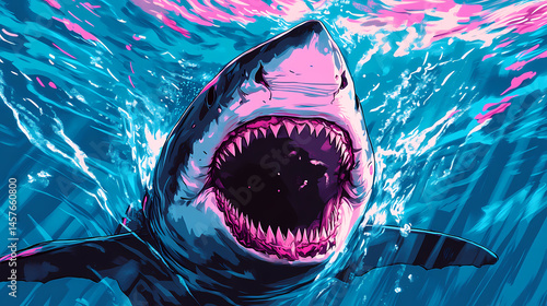 Great white shark surfacing, mouth open, showing teeth, in bright blue water. [Neon Beasts] | Ultra Pulse | bright predator. Illustration