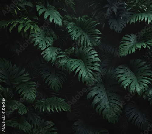 Intricate dark green tropical foliage creates a mysterious, shadowy black background ,  exotic,  poster,  organic