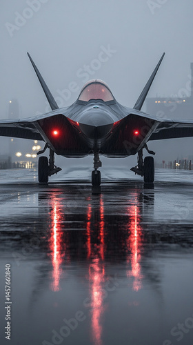 Obraz na płótnie A sleek jet fighter rests on a rain-slicked runway at dusk, symbolizing cutting edge military power, national defense, and constant readiness amid shifting geopolitical tensions.
w salonie