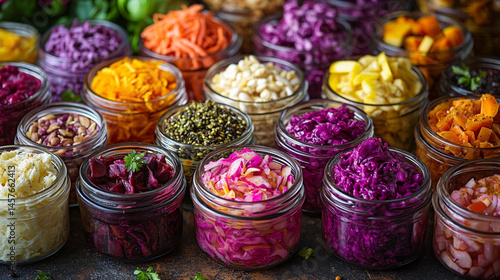 A vibrant collection of assorted fermented foods in clear glass jars, showcasing colorful fruits and vegetables symbolizing gut health, natural preservation, and probiotic rich nutrition.

