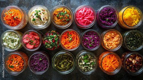 Obraz na płótnie A vibrant collection of assorted fermented foods in clear glass jars, showcasing colorful fruits and vegetables symbolizing gut health, natural preservation, and probiotic rich nutrition.
w salonie