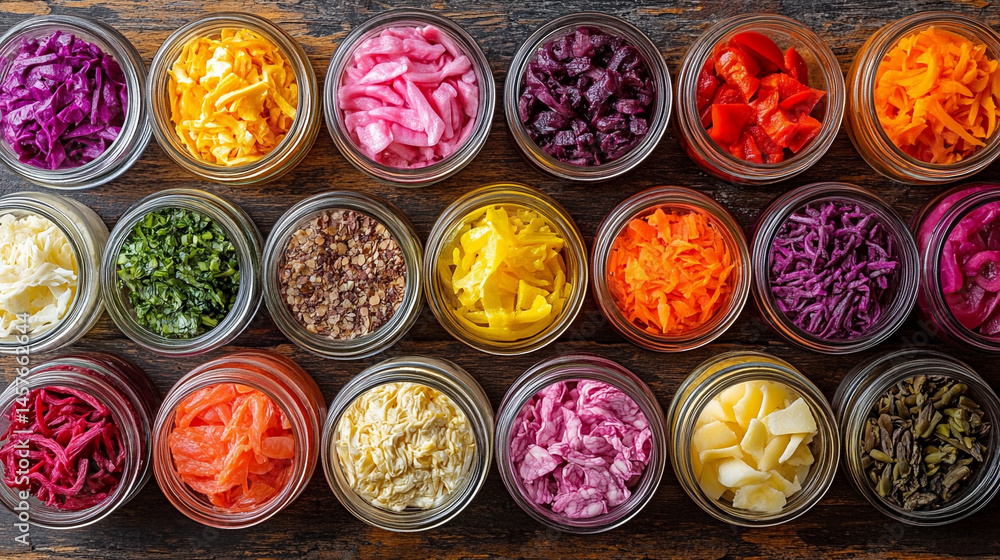 A vibrant collection of assorted fermented foods in clear glass jars, showcasing colorful fruits and vegetables symbolizing gut health, natural preservation, and probiotic rich nutrition.