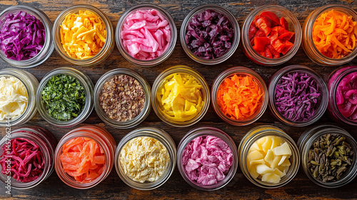 Obraz na płótnie A vibrant collection of assorted fermented foods in clear glass jars, showcasing colorful fruits and vegetables symbolizing gut health, natural preservation, and probiotic rich nutrition.
w salonie