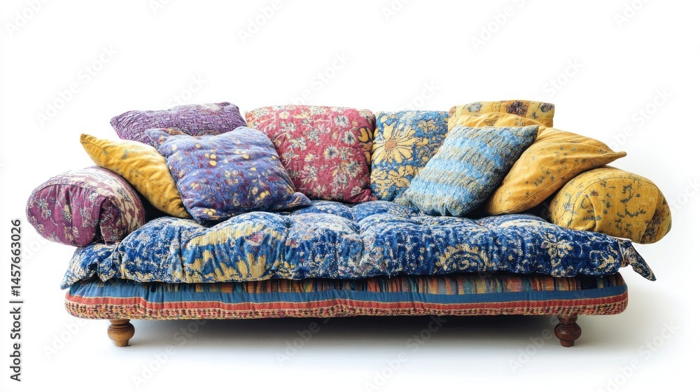Fototapeta premium Colorful patchwork sofa with layered cushions