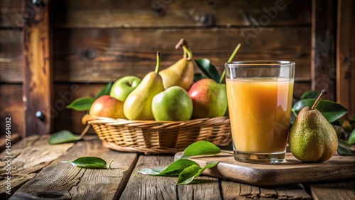 Wallpaper Mural A glass filled with a vibrant mixture of organic pear juice extracted from ripe fresh pears on a wooden table in a rustic kitchen setting, farm fresh, organic pear juice Torontodigital.ca