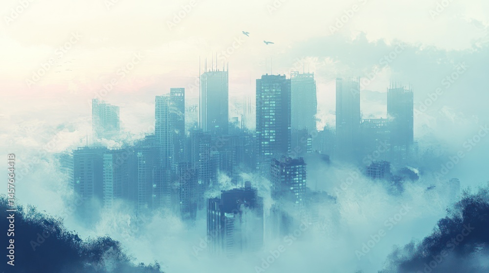 Ephemeral metropolis: A cityscape shrouded in mist, emerging from atmospheric haze Ephemeral metropolis: A cityscape shrouded in mist, emerging from atmospheric haze