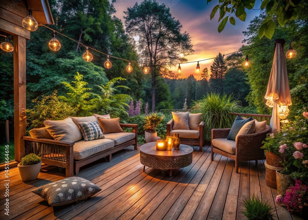 Obraz premium Cozy Dusk Deck: Tranquil Outdoor Living Space in Nature