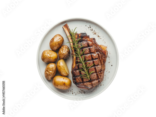 Grilled Ribeye Steak with Roasted Potatoes and Rosemary on a White Plate

