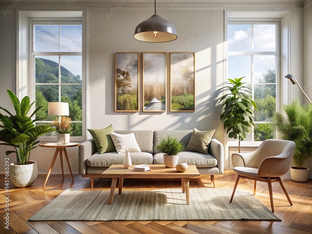 Fototapeta premium Cozy Living Room Interior Design: Modern Scandinavian Style Apartment
