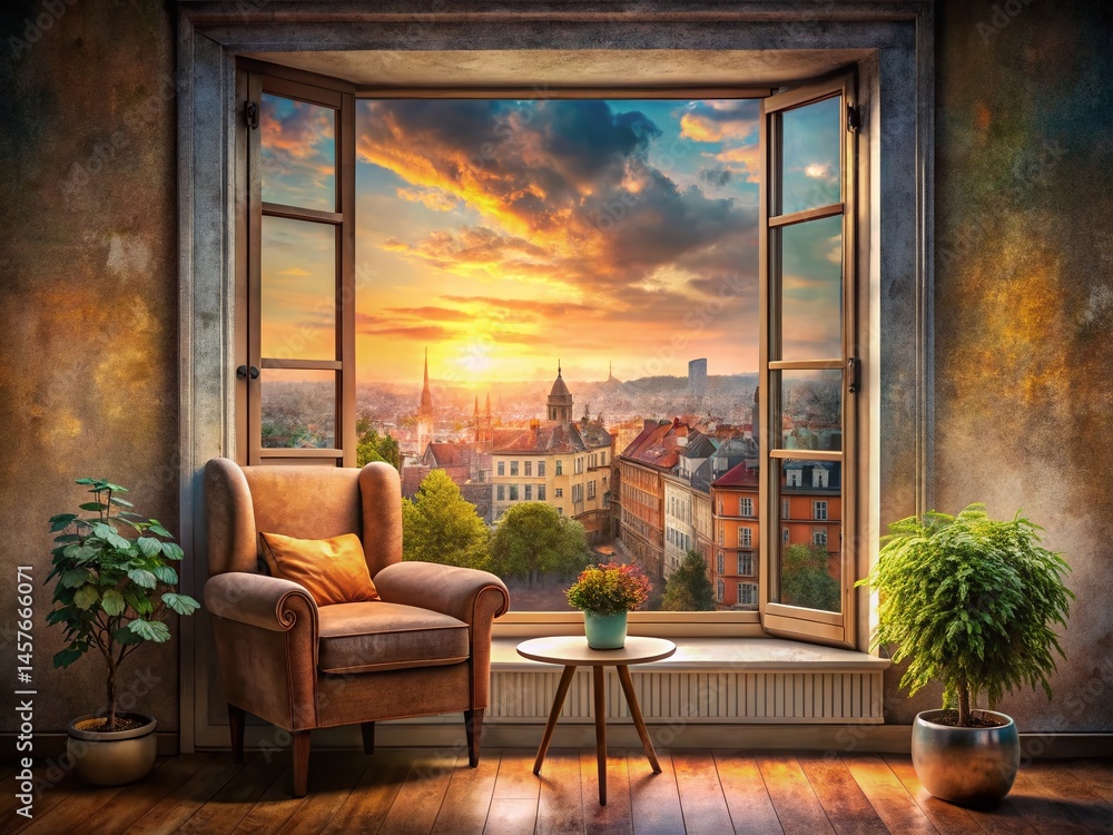 Fototapeta premium Cozy Watercolor Cityscape View from Window - Artistic Interior Stock Photo