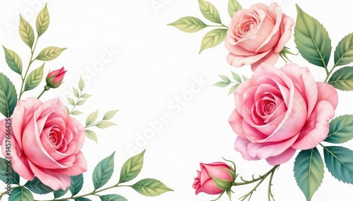 Delicate watercolor roses & leaves, pastel hues, vintage, green