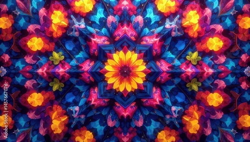 Geometric shapes, abstract kaleidoscope, vibrant colors, seamless, background