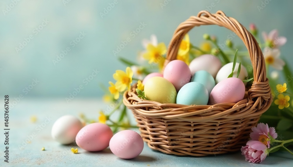 Pastel dyed eggs in a wicker basket, spring flowers nearby, decoration, pale yellow, light green Pastel dyed eggs in a wicker basket, spring flowers nearby, decoration, pale yellow, light green