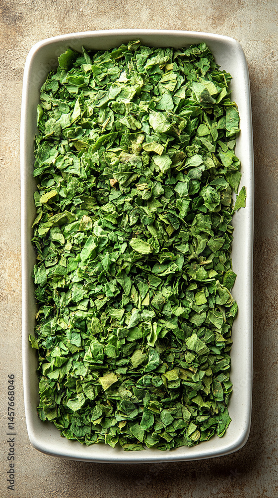 Top view of a textured pile of dried and chopped basil spice, symbolizing natural flavor, culinary tradition, and the essence of Mediterranean cooking in organic, earthy tones.