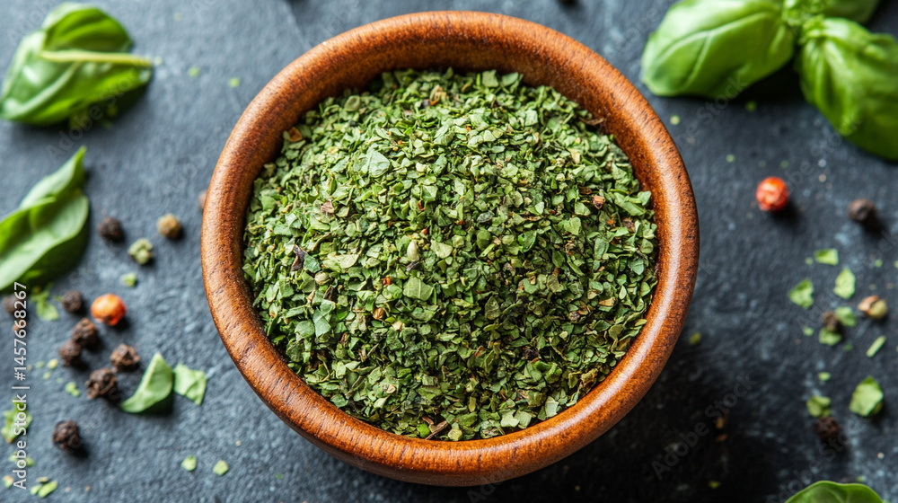 Top view of a textured pile of dried and chopped basil spice, symbolizing natural flavor, culinary tradition, and the essence of Mediterranean cooking in organic, earthy tones.
