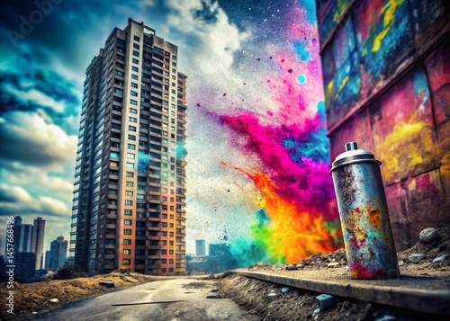 Crumbling Concrete Skyscraper Double Exposure: Urban Decay & Graffiti Art Stock Photo